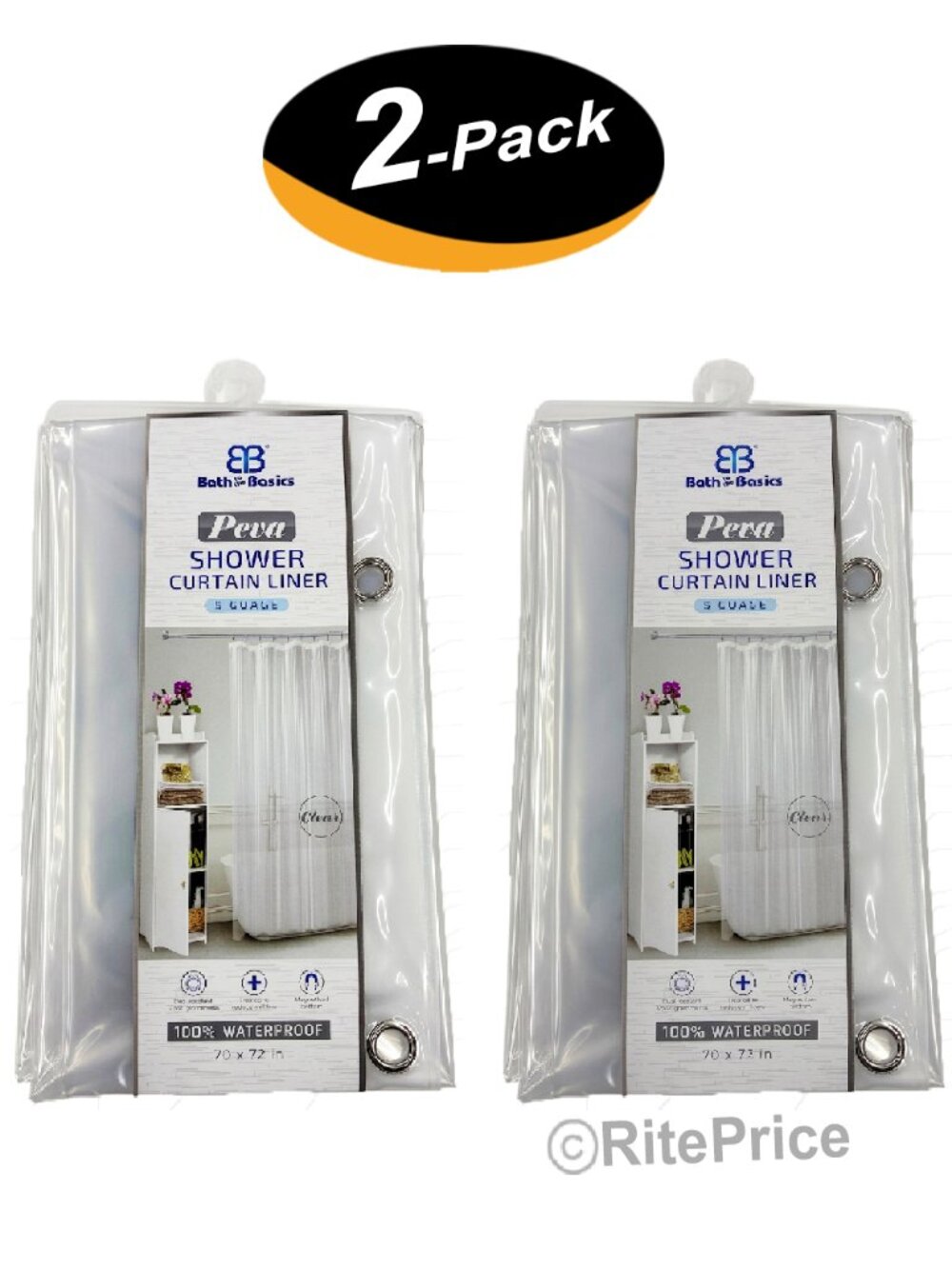 (2 Pack) PEVA Super Heavy Weight Shower Curtain Liner 5G W/ 3 Magnets 70" x 72"